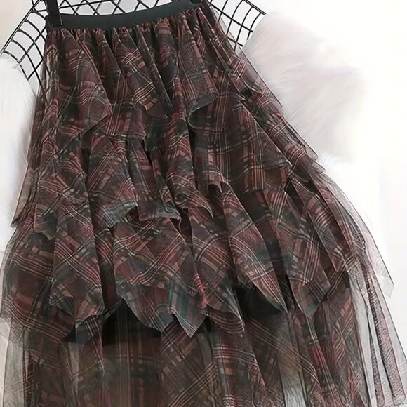 Coffee Mesh Frilly Plaid Pattern Skirt - Picture 1 of 4